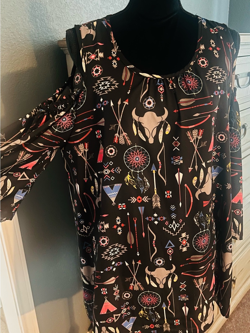 Dream catcher/skull theme boho blouse with cutout sleeves